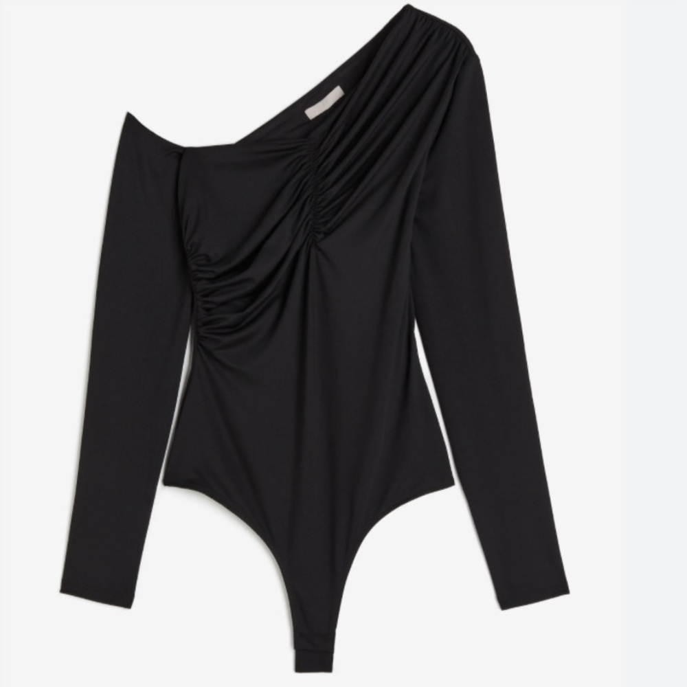 H&M Black One-Shoulder Ruched Long Sleeve Bodysuit